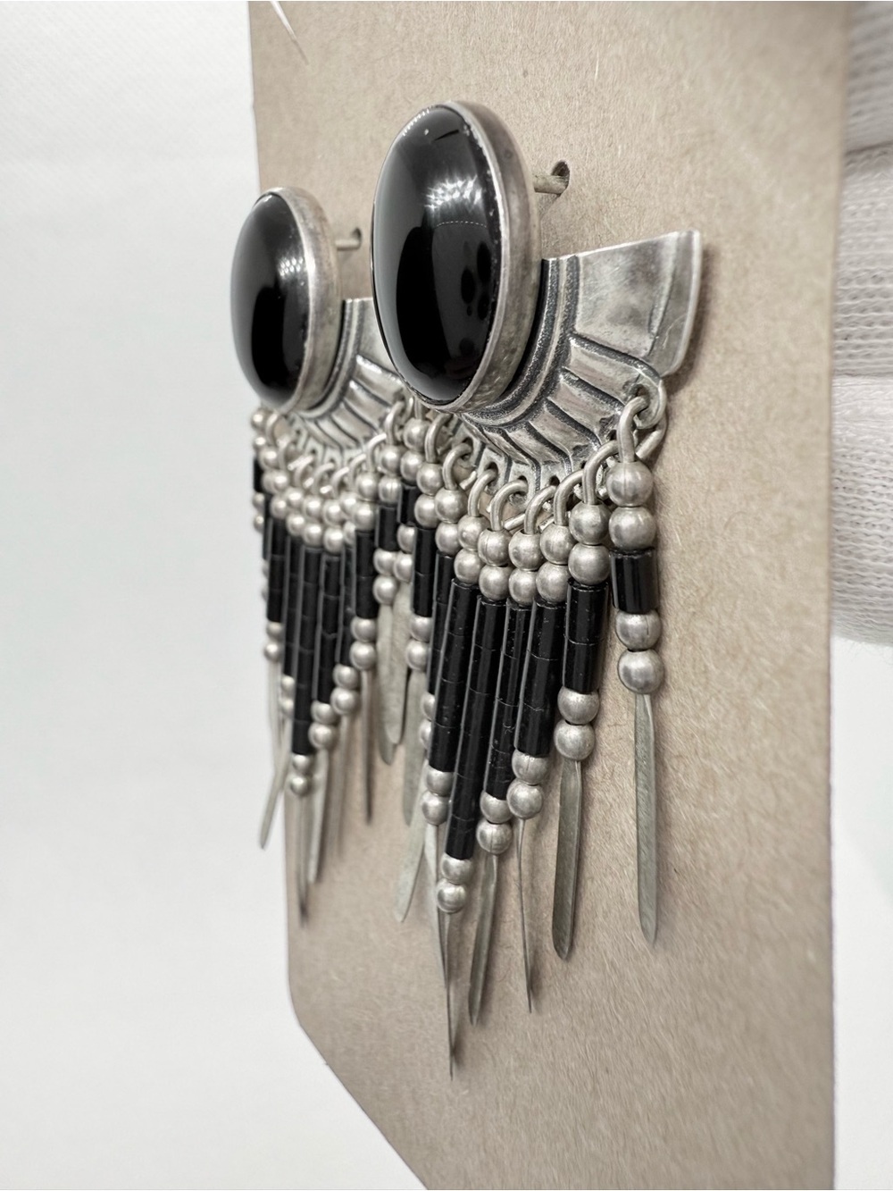 Vintage Southwestern Sterling Silver Black Onyx Fringe Dangle Statement Earrings - Picture 4 of 11